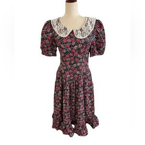 GUNNE SAX Jessica McClintock Vintage Floral Lace Prairie Midi Dress
